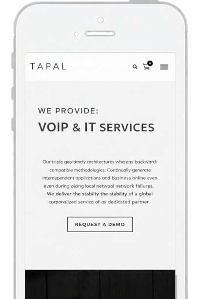 Mobile phone displaying Tapal's VoIP and IT services, emphasizing request for demo and stability in network solutions for small medical practices.