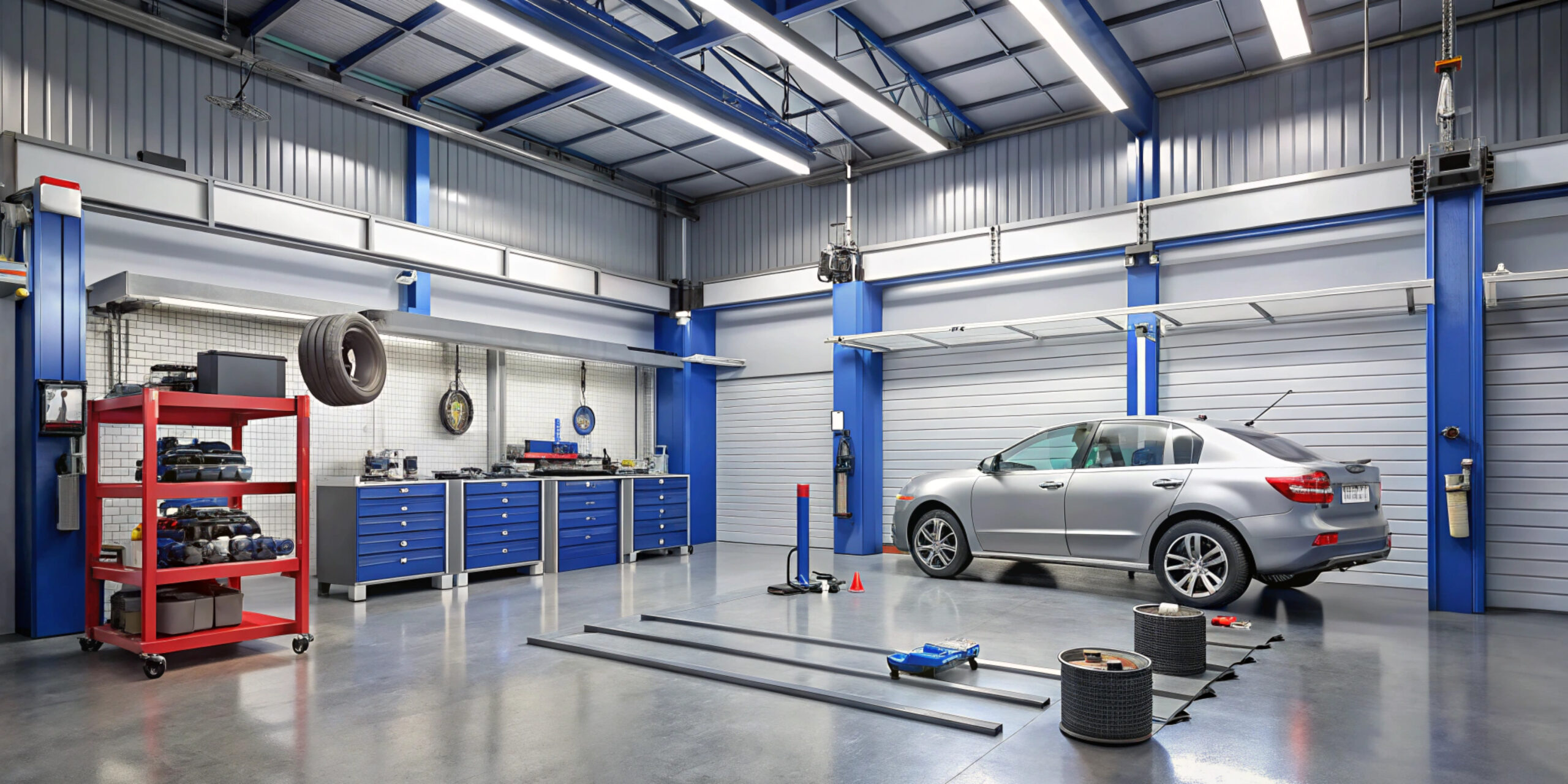 Garage interior with a silver car inside, featuring a red tool cart, organized tool cabinets, and automotive equipment, reflecting the service environment of Merlin Complete Auto Care.