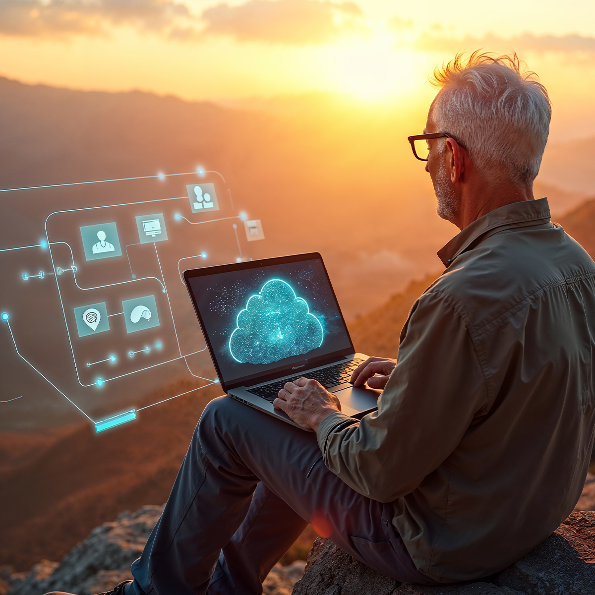 Person using laptop outdoors with cloud computing graphics, symbolizing managed IT and cloud solutions for healthcare.