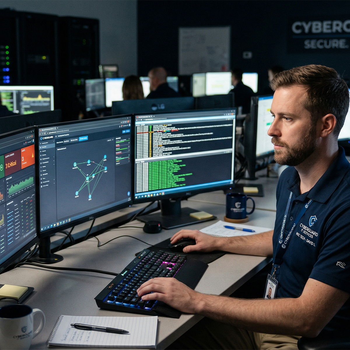 IT professional monitoring cybersecurity systems on multiple screens in a tech-focused environment, emphasizing managed IT services and cybersecurity compliance for healthcare.