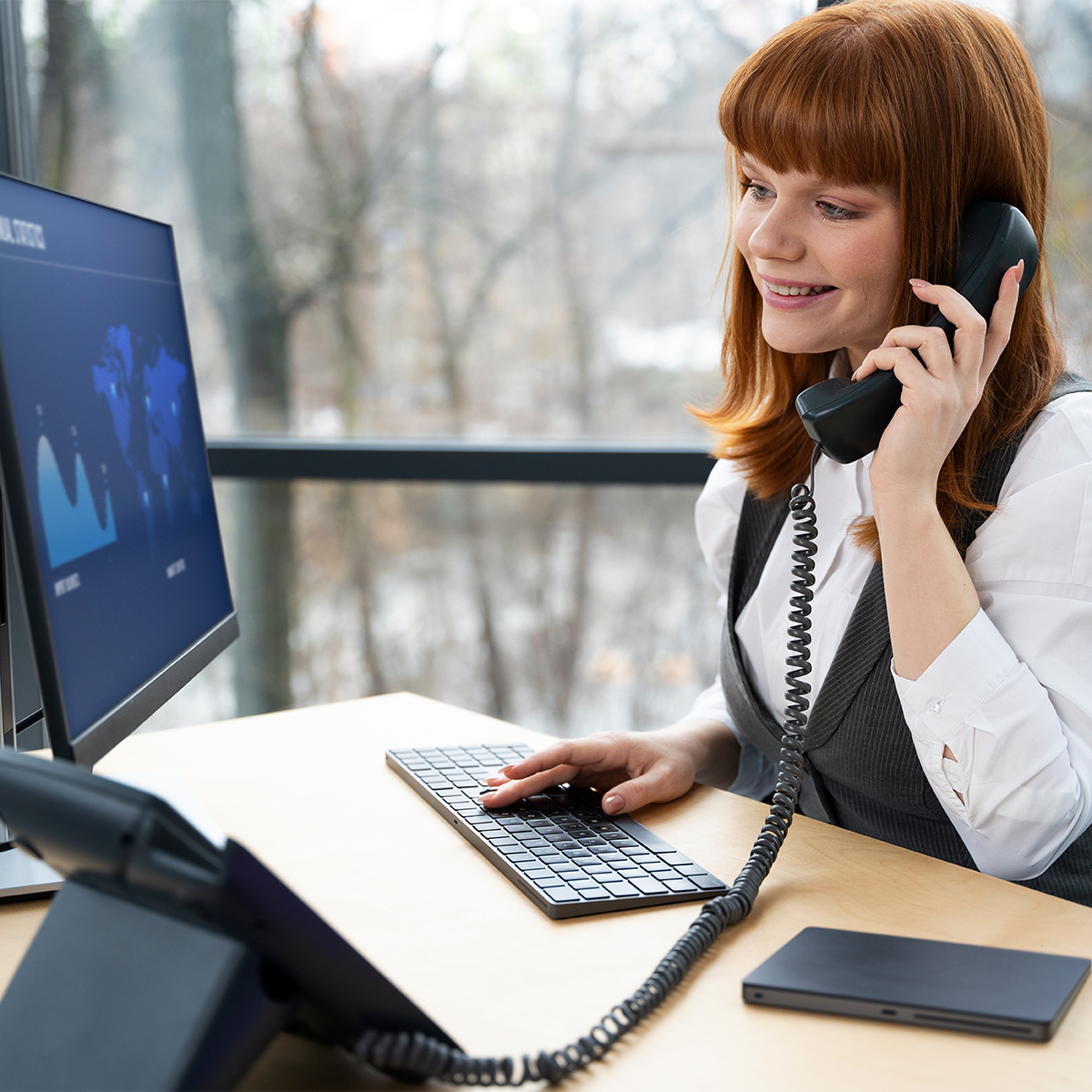 Woman using a VoIP phone while working on a keyboard at a desk, with a computer monitor displaying data analytics, representing seamless connectivity and unified communications.