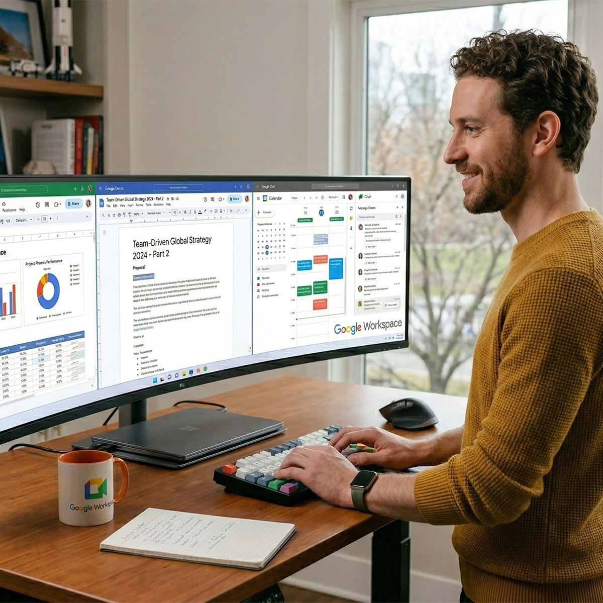 Person using a dual-monitor setup displaying Google Workspace applications, including spreadsheets, documents, and calendar, emphasizing seamless hybrid collaboration and productivity.