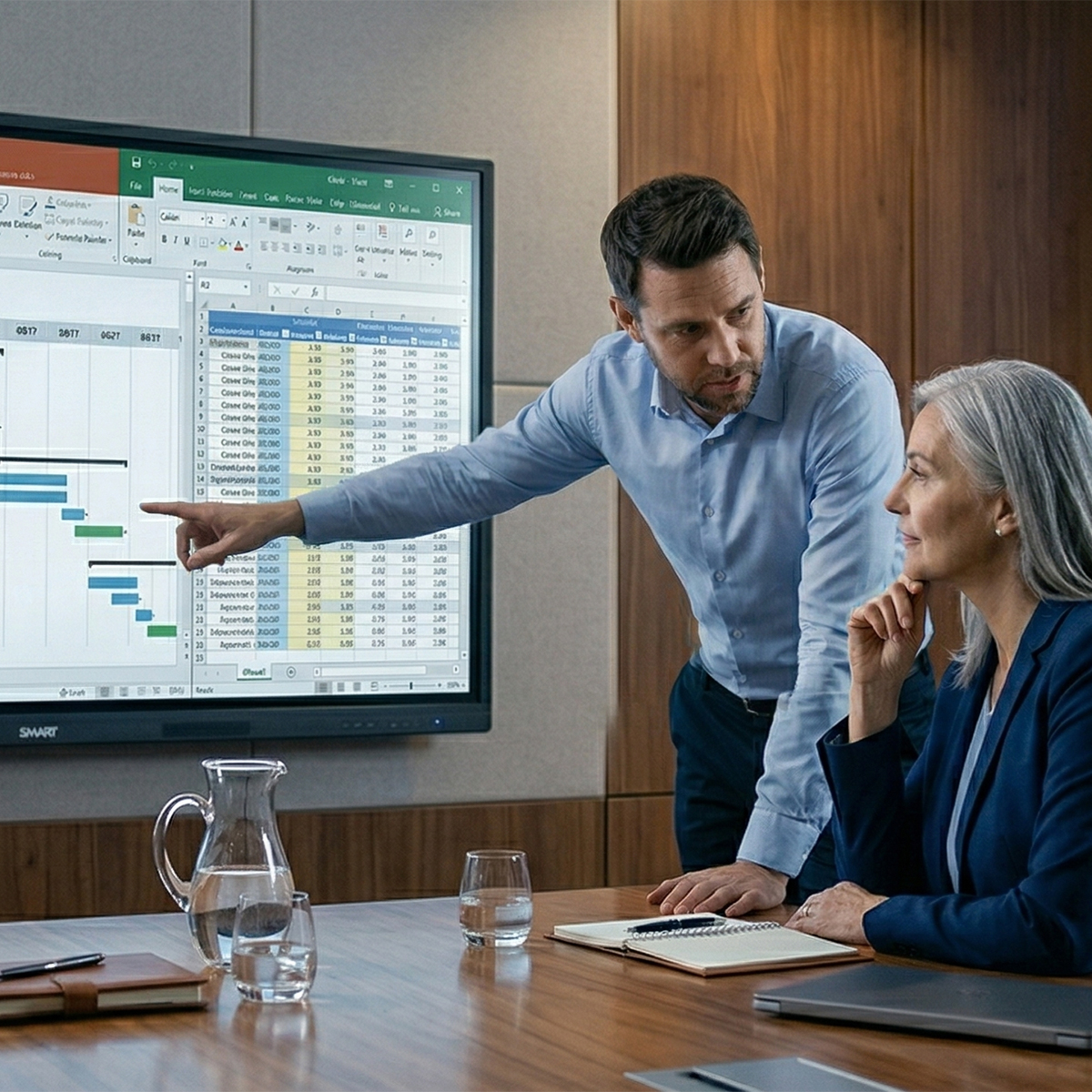 Business professionals discussing project management data on a large screen in a conference room, highlighting collaboration and strategic planning.