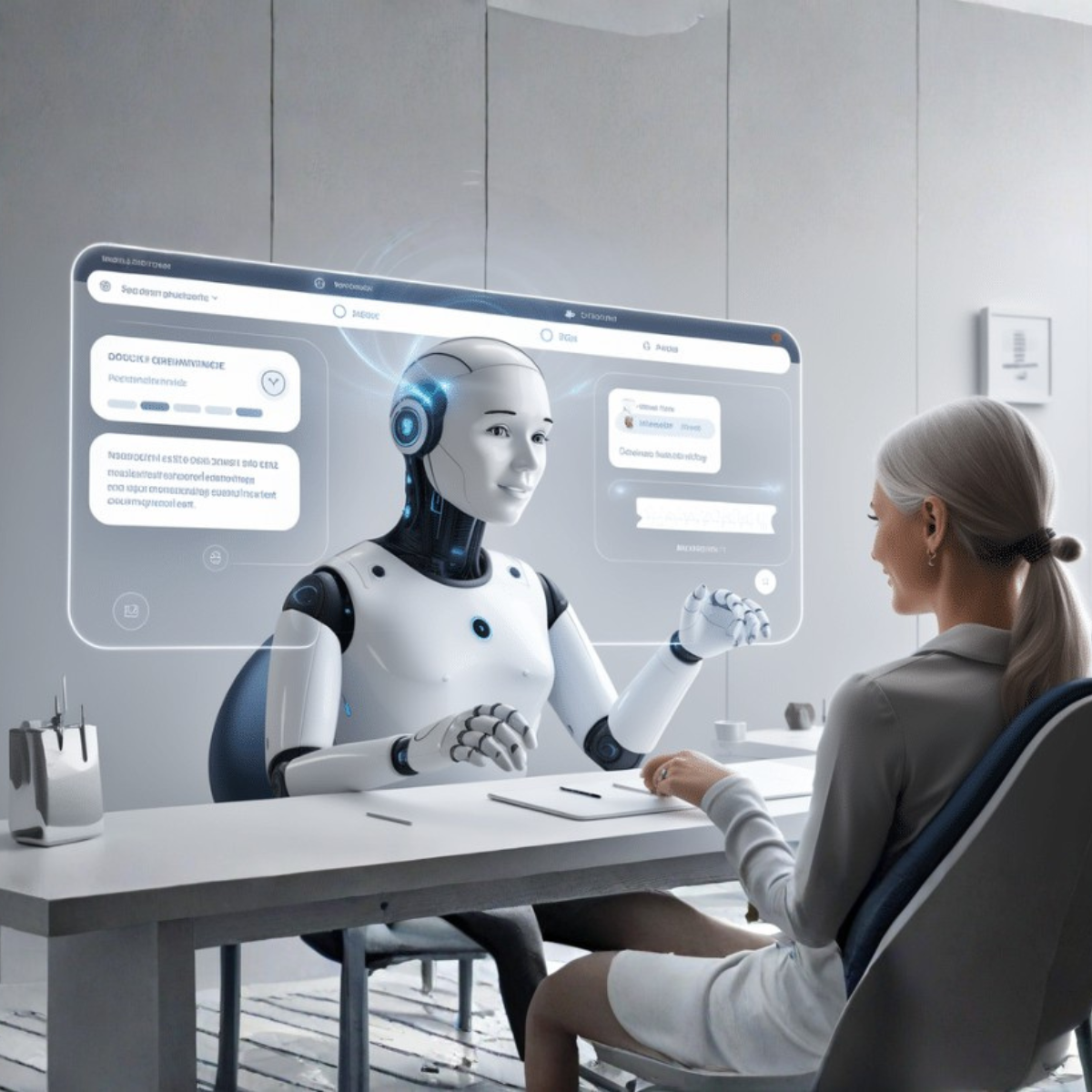 AI receptionist interacting with a user at a modern desk, showcasing voice AI technology for seamless communication.